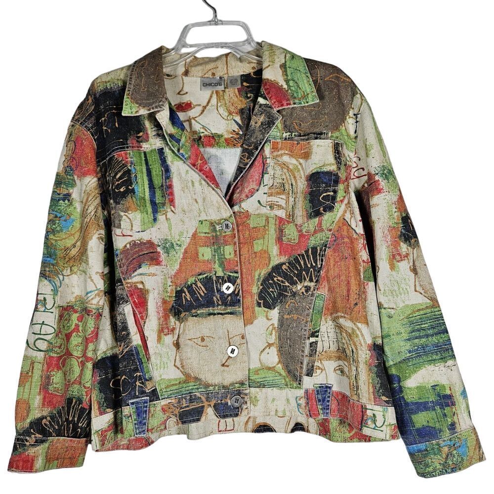 Chicos VTG 2 Colorful Artsy Trucker Art to Wear Linen Cotton Long Sleeve Pockets